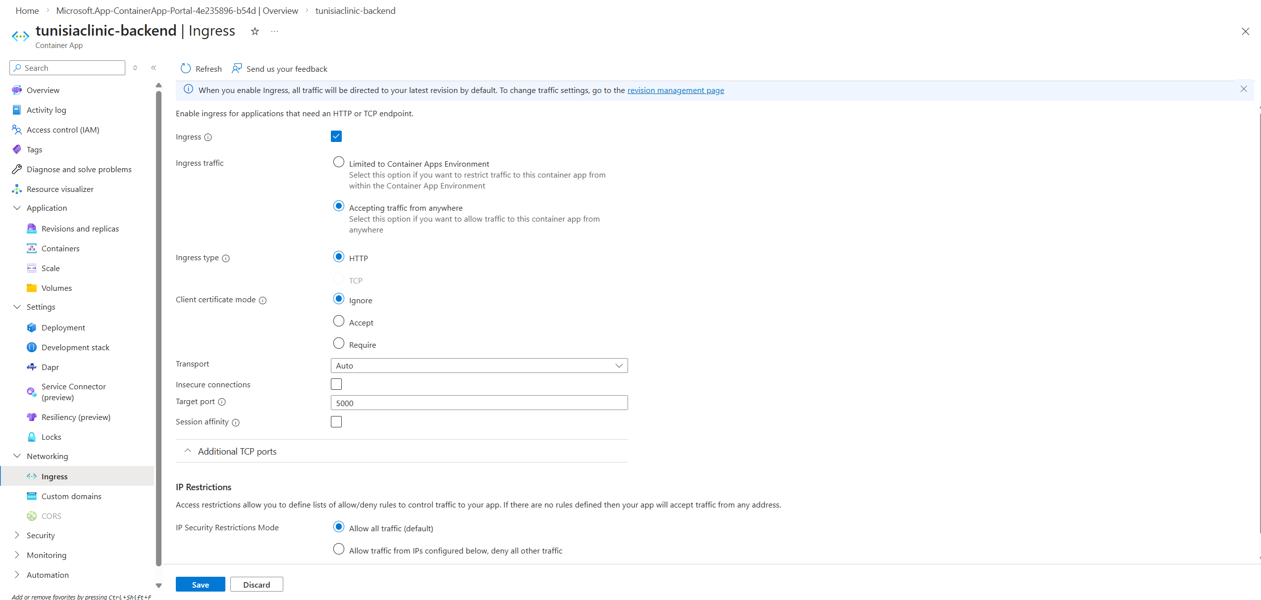 Ingress tab showing external traffic enabled and target port set