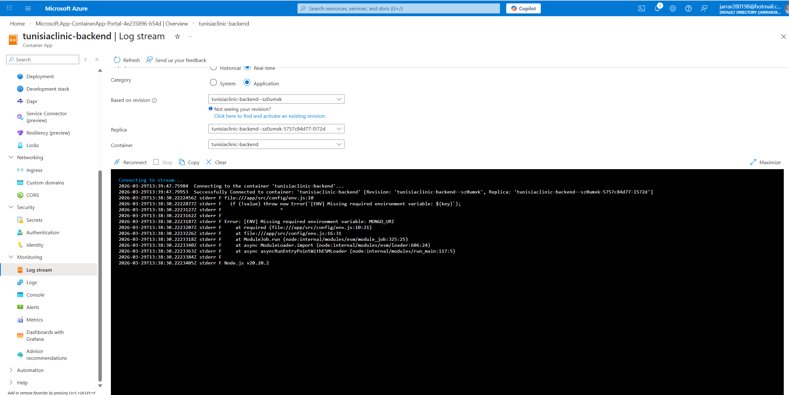 Container App log stream showing startup logs