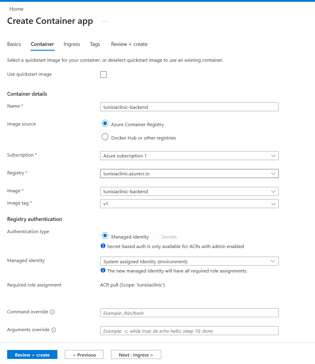 Selecting ACR as the image source in the Container App creation form