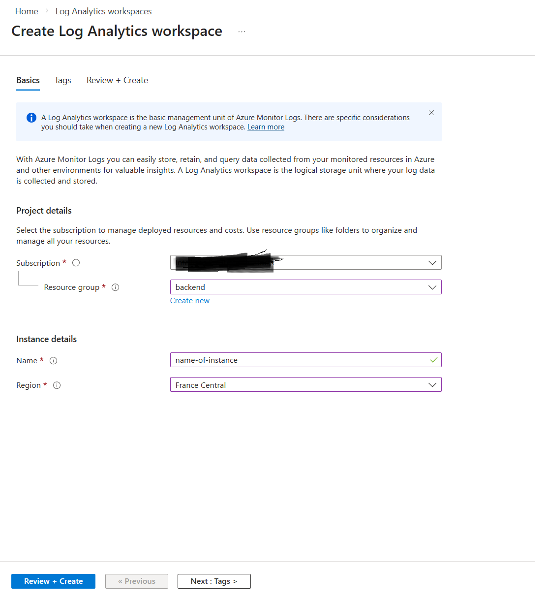 Creating a Log Analytics Workspace in the Azure portal