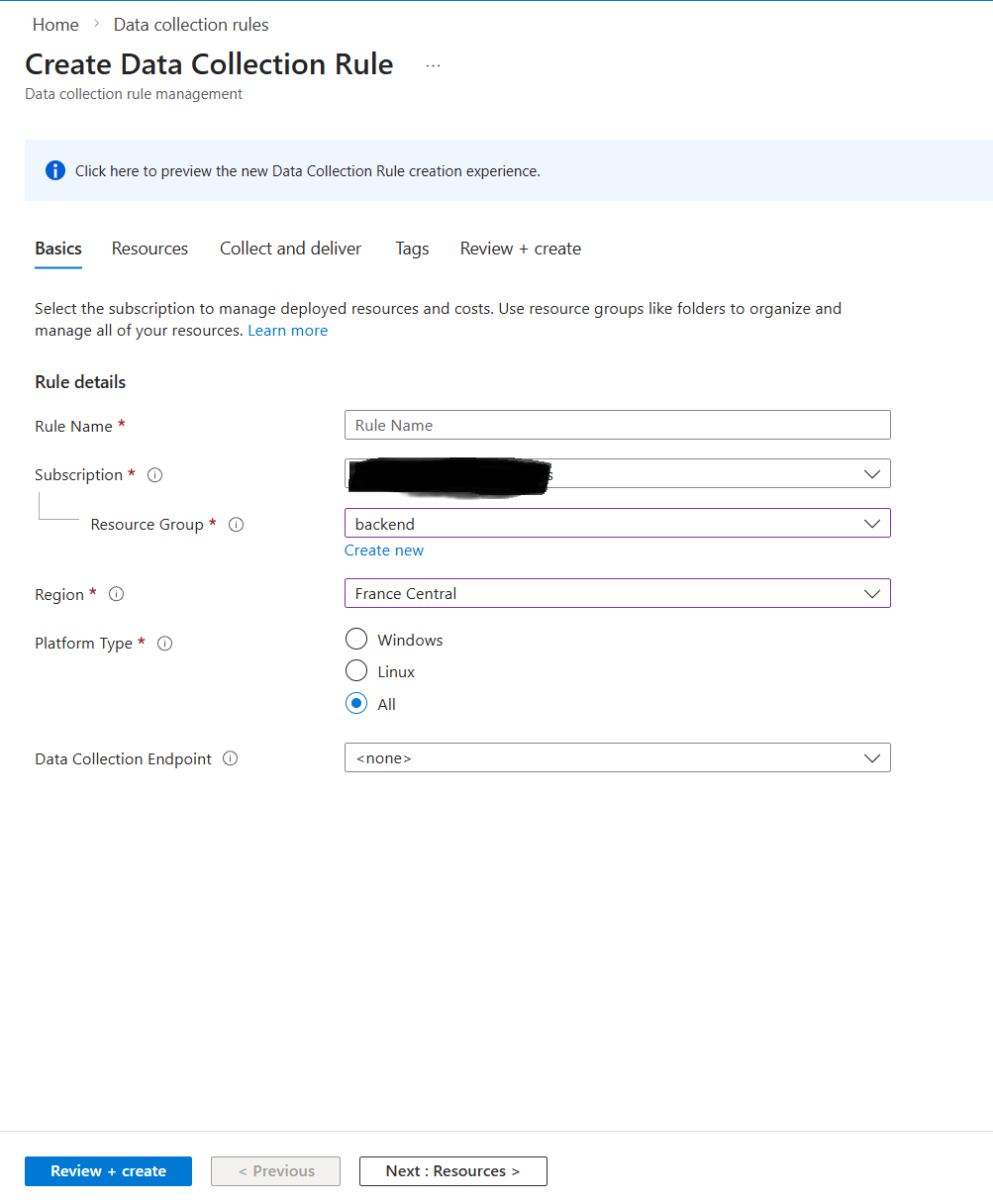 First step of the DCR creation form